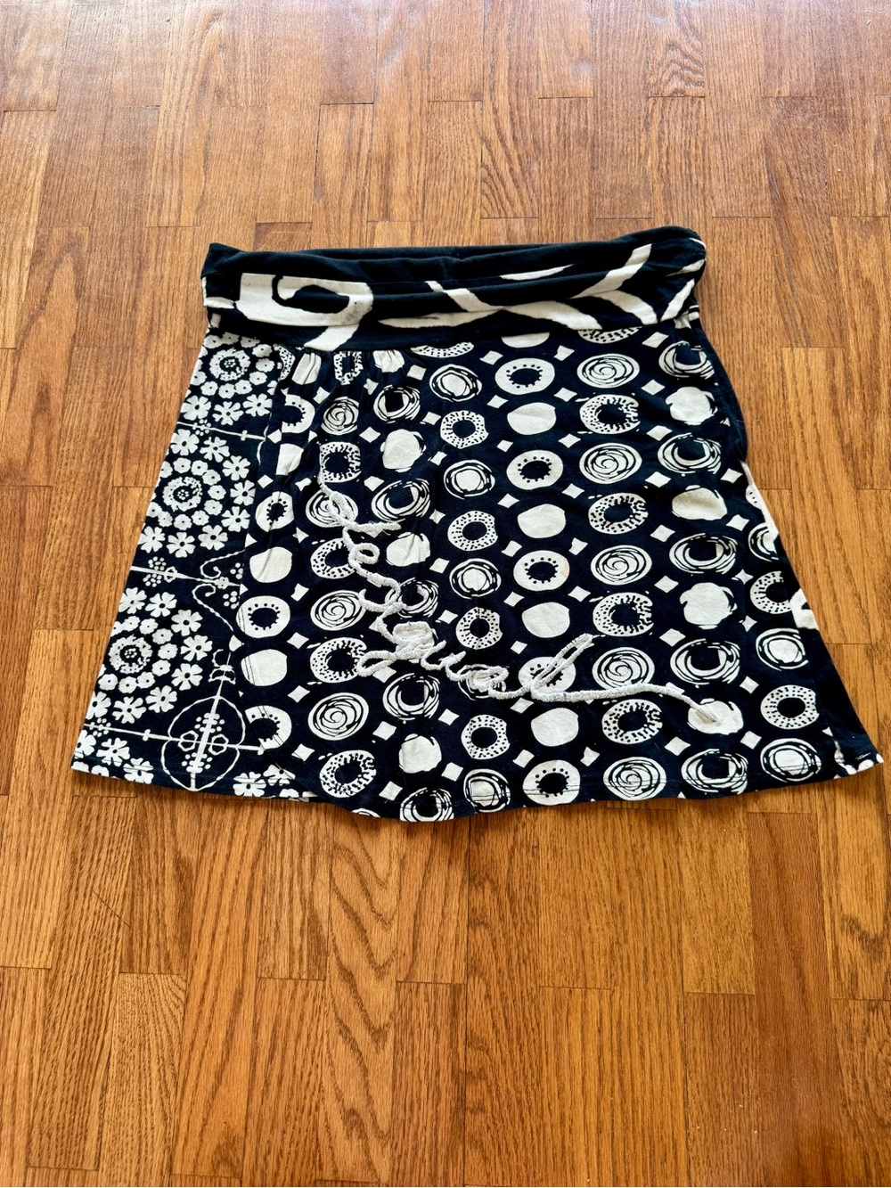 Desigual Black and White Printed Mini Skirt - Foldover Waist